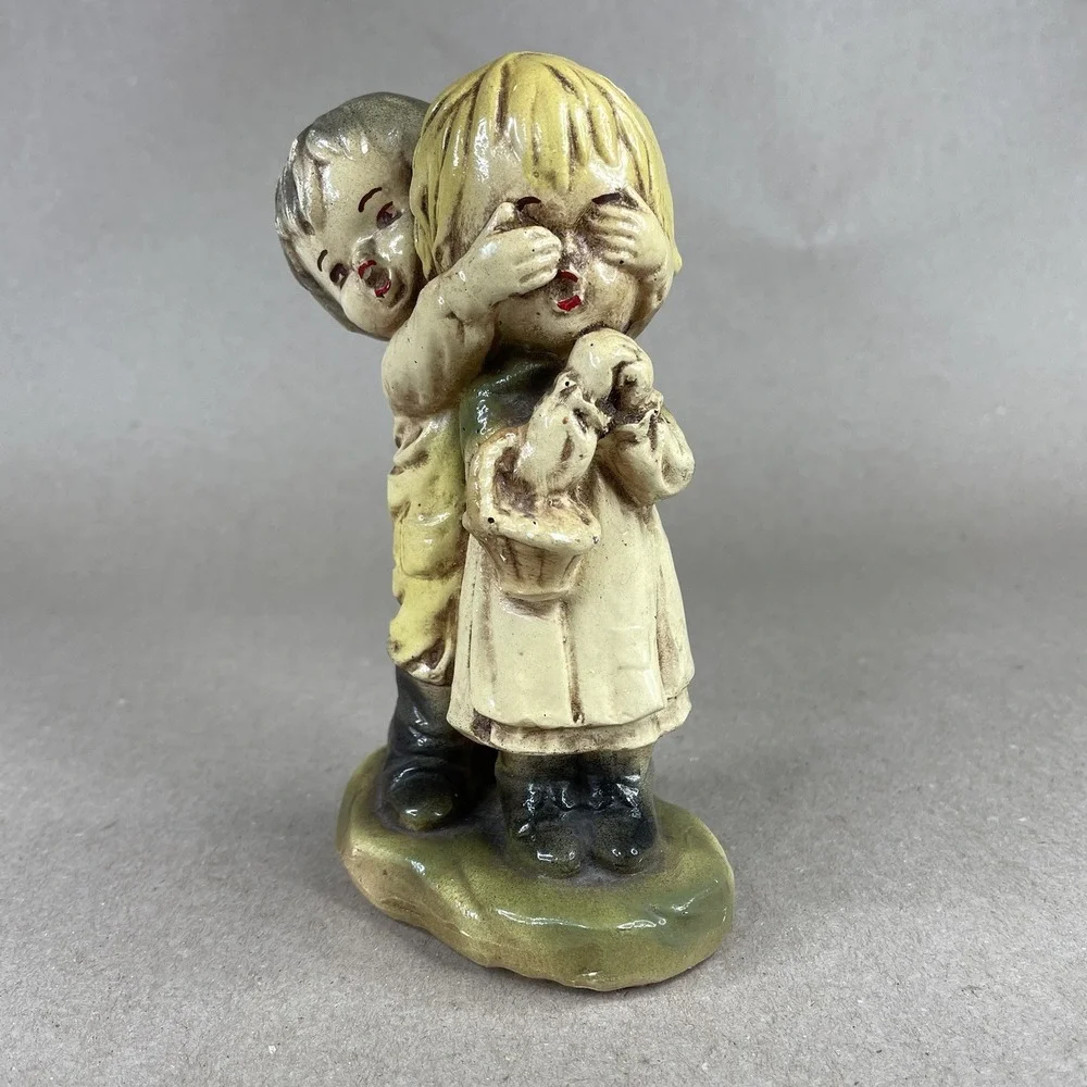 Vintage Boy Covering Girls Eyes‎ Holding Basket Figurine Surprise Yellow Green